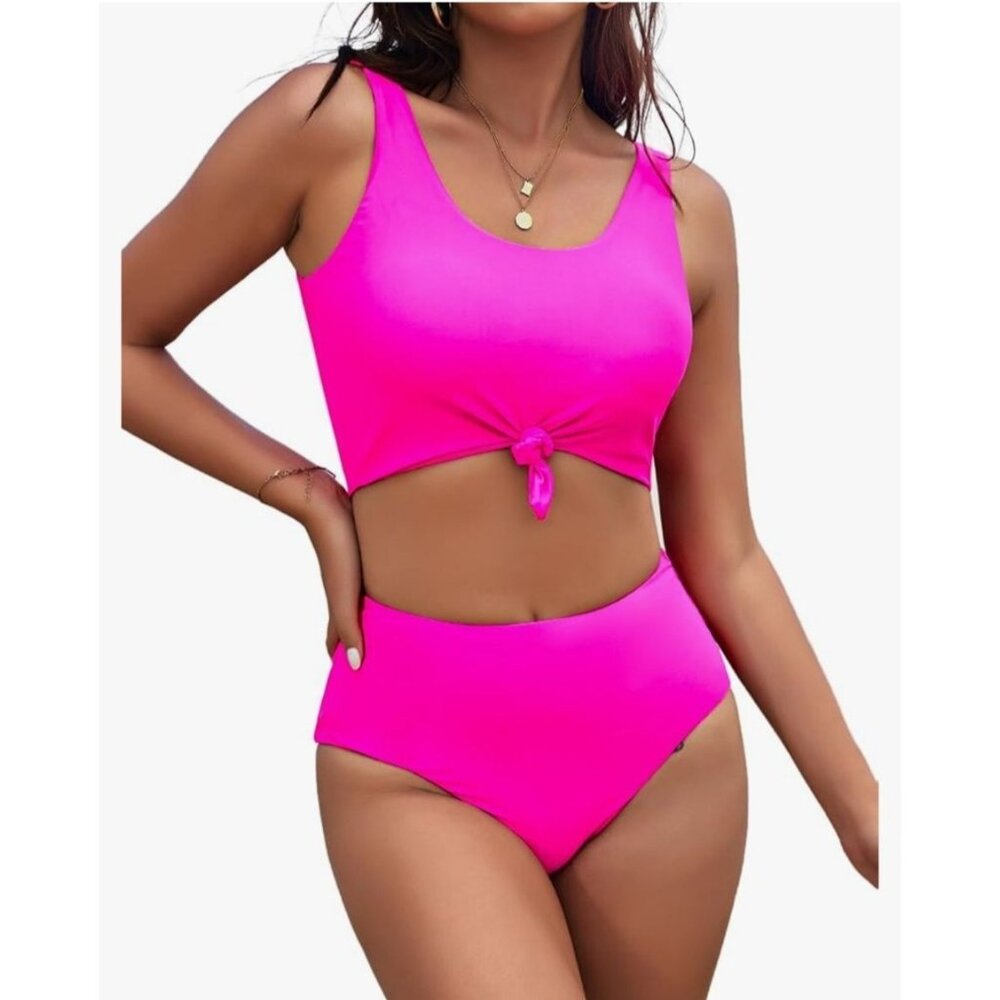 Hot Pink High-Waisted Two-Piece Bikini Set With Tank Top & Tie Detail Size M